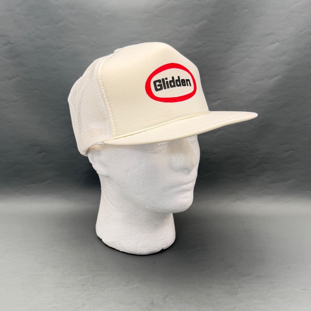 Vtg Glidden White Mesh Snap Back Trucker Hat Cap Glidden Paint Logo Adjustable